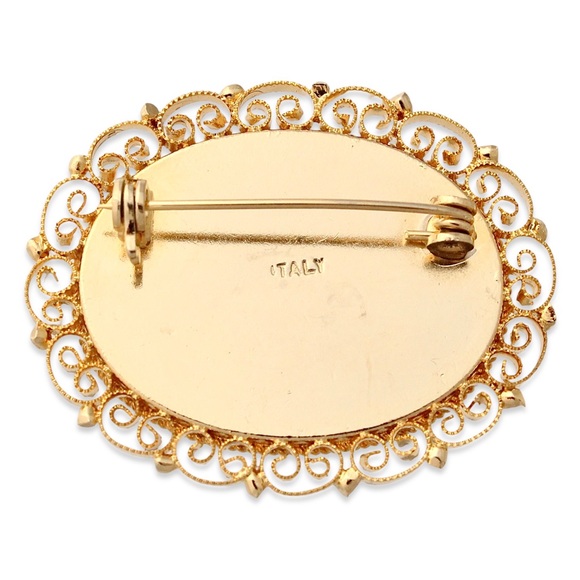 Vintage Italian Floral Micro Mosaic Brooch Gold Plated Blue Flowers Glass Tiles - Picture 2 of 3